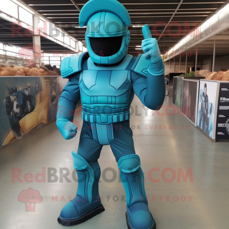 Cyan Spartan Soldier mascot costume character dressed with a Bootcut Jeans and Cummerbunds