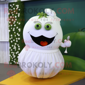 White Tomato mascot costume character dressed with a Wedding Dress and Rings