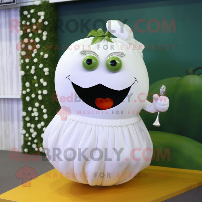 White Tomato mascot costume character dressed with a Wedding Dress and Rings White Tomato mascot costume character dressed with a Wedding Dress and Rings