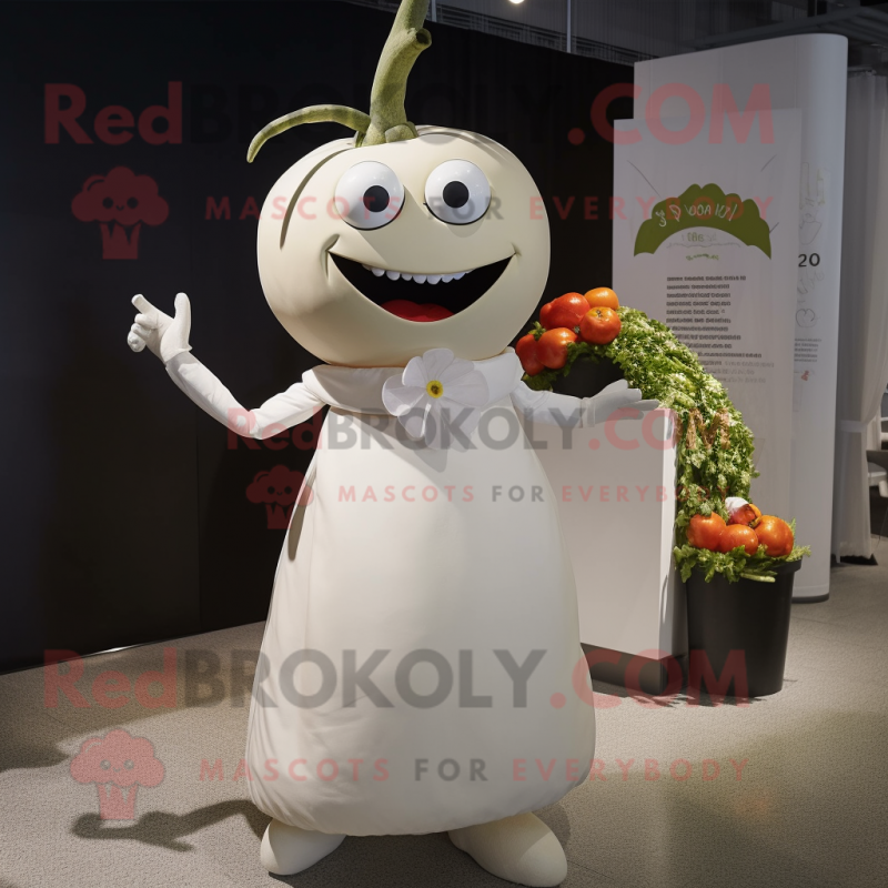 White Tomato mascot costume character dressed with a Wedding Dress and Rings White Tomato mascot costume character dressed with a Wedding Dress and Rings
