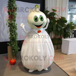 White Tomato mascot costume character dressed with a Wedding Dress and Rings