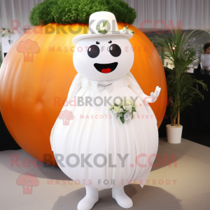 White Tomato mascot costume character dressed with a Wedding Dress and Rings