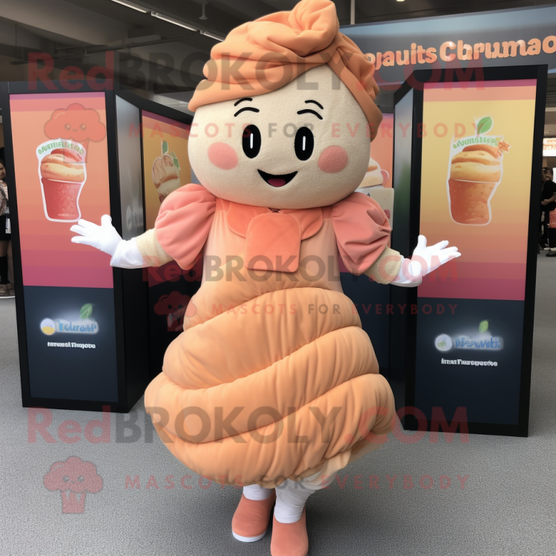 Peach Croissant mascot costume character dressed with a Shift Dress and Bracelets