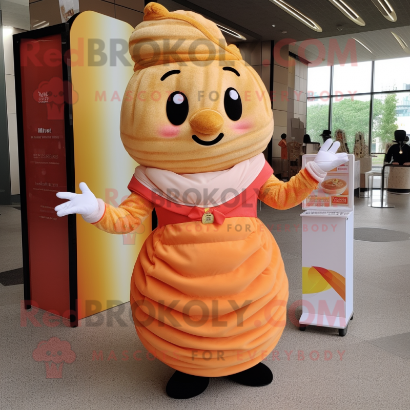 Peach Croissant mascot costume character dressed with a Shift Dress and Bracelets