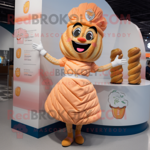 Peach Croissant mascot costume character dressed with a Shift Dress and Bracelets