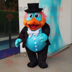 Turquoise Clown Fish mascot costume character dressed with a Tuxedo and Brooches