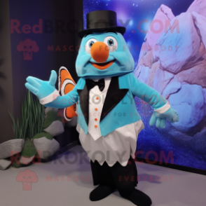 Turquoise Clown Fish mascot costume character dressed with a Tuxedo and Brooches