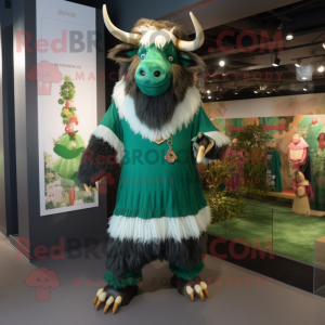 Forest Green Yak mascot costume character dressed with a Shift Dress and Anklets