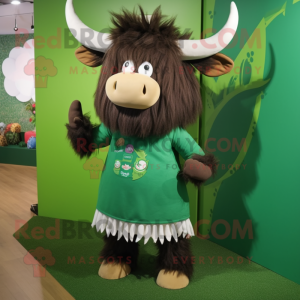 Forest Green Yak mascot costume character dressed with a Shift Dress and Anklets