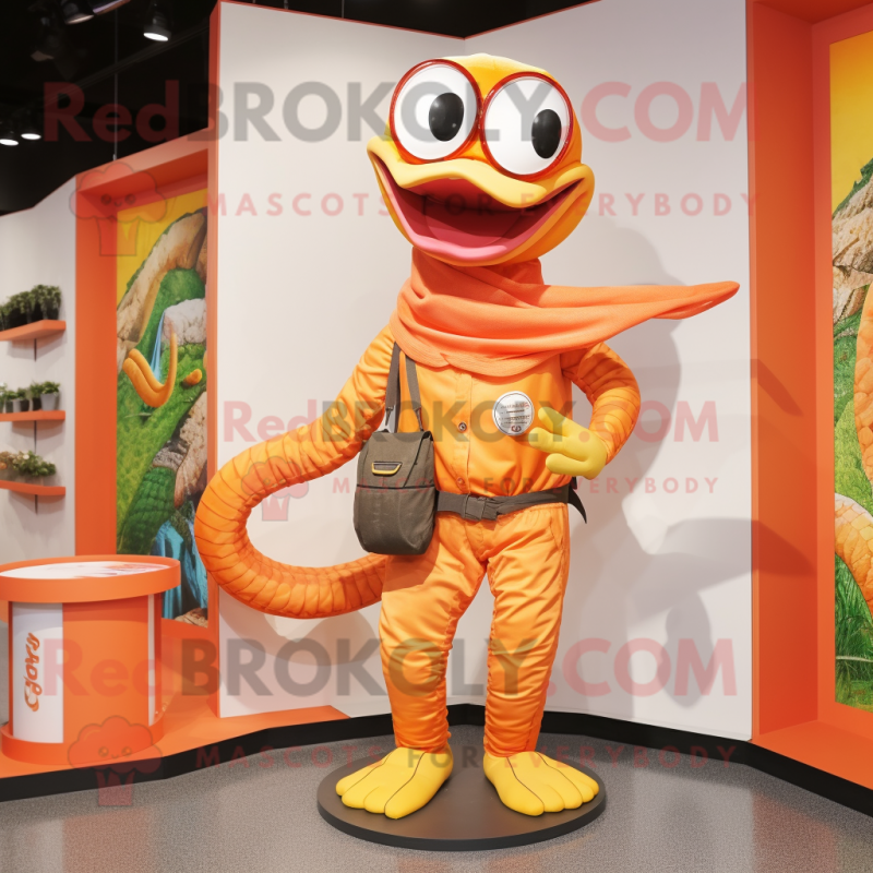 Orange Snake mascot costume character dressed with a Cargo Shorts and Coin purses