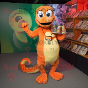 Orange Snake mascot costume character dressed with a Cargo Shorts and Coin purses