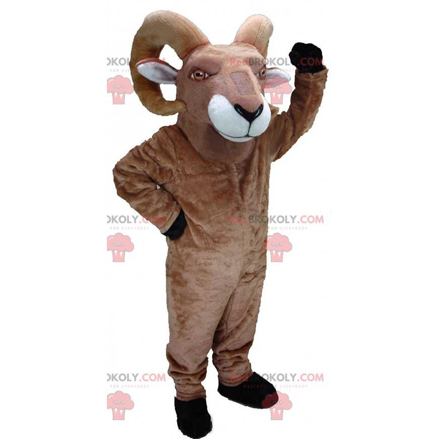 Mascote de cabra, carneiro marrom com grandes chifres -
