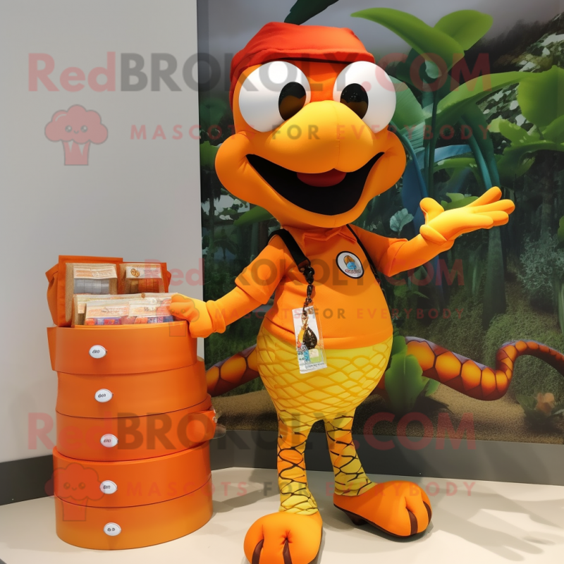 Orange Snake mascot costume character dressed with a Cargo Shorts and Coin purses