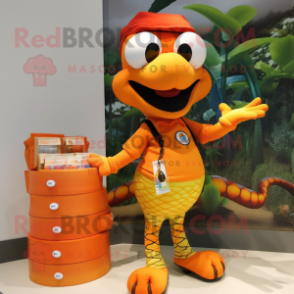 Orange Snake mascot costume character dressed with a Cargo Shorts and Coin purses