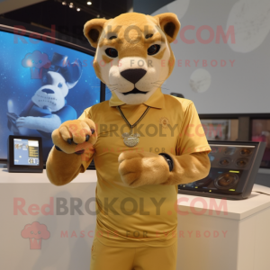 Gold Mountain Lion mascot costume character dressed with a Henley Shirt and Digital watches