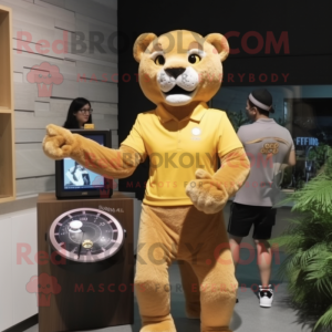 Gold Mountain Lion mascot costume character dressed with a Henley Shirt and Digital watches