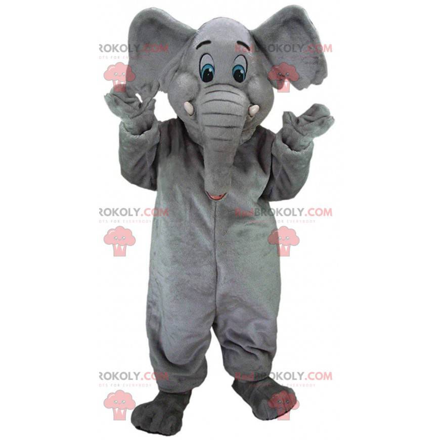Gray elephant mascot with blue eyes, pachyderm costume -