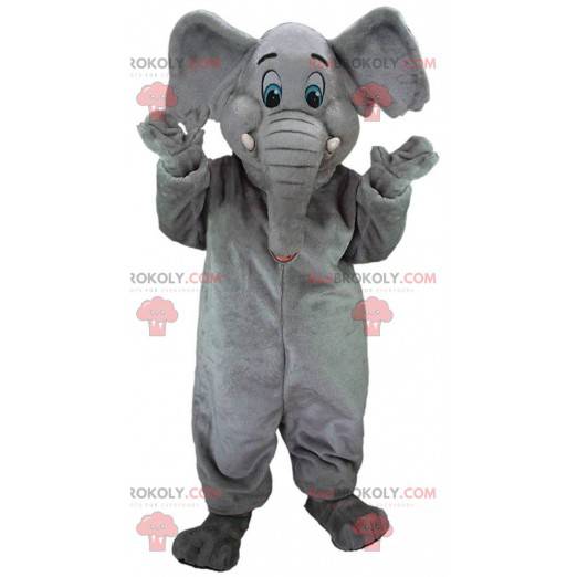 Grå elefantmaskot med blå ögon, pachydermdräkt - Redbrokoly.com