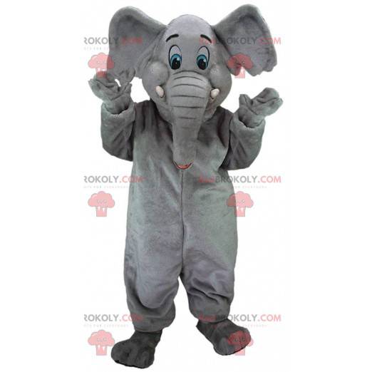 Mascotte elefante grigio con occhi azzurri, costume da