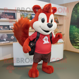 Red Skunk mascot costume character dressed with a Shorts and Messenger bags