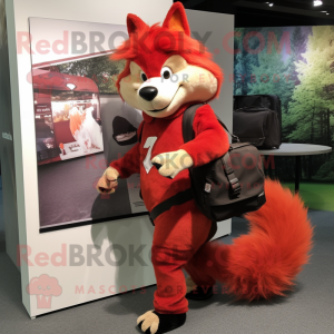 Red Skunk mascot costume character dressed with a Shorts and Messenger bags