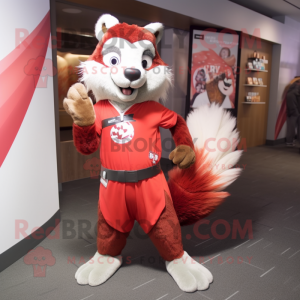 Red Skunk mascot costume character dressed with a Shorts and Messenger bags