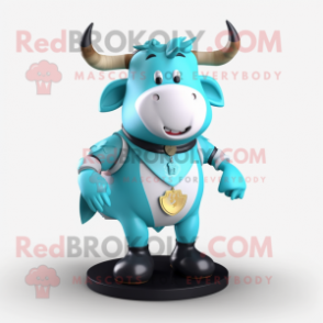 Cyan Bull mascot costume character dressed with a Vest and Rings