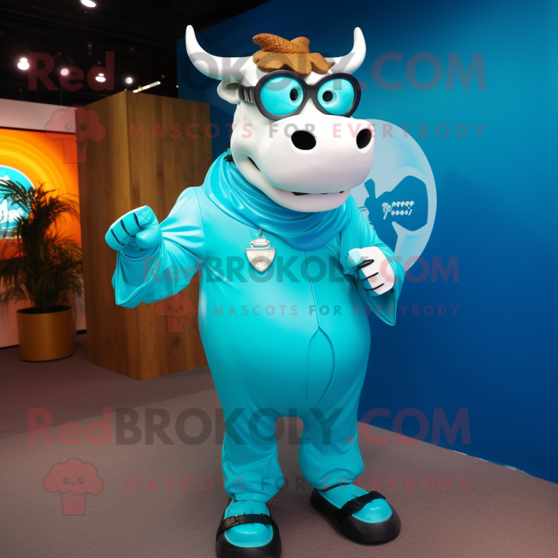 Cyan Bull mascot costume character dressed with a Vest and Rings Cyan Bull mascot costume character dressed with a Vest and Rings