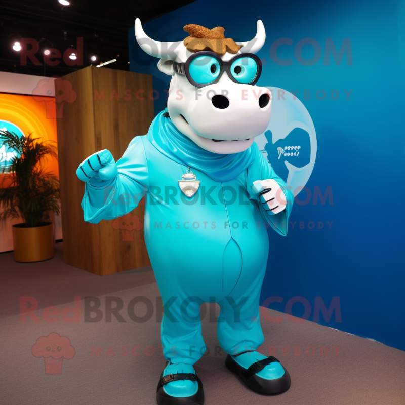 Cyan Bull mascot costume character dressed with a Vest and Rings