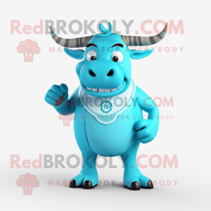 Cyan Bull mascot costume character dressed with a Vest and Rings