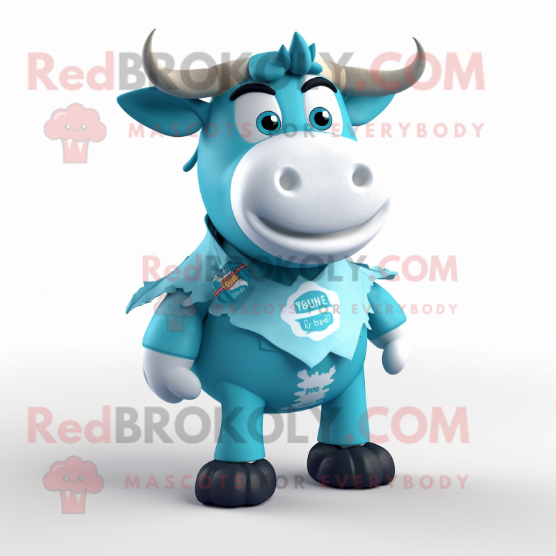 Cyan Bull mascot costume character dressed with a Vest and Rings