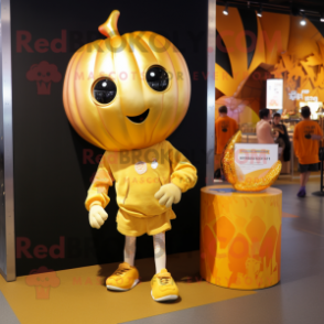 Gold Pumpkin mascot costume character dressed with a T-Shirt and Earrings