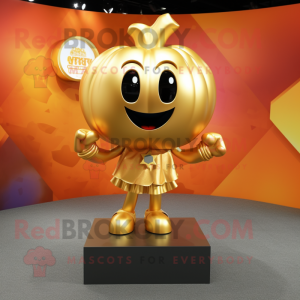 Gold Pumpkin mascot costume character dressed with a T-Shirt and Earrings