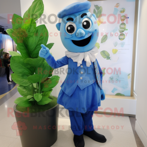 Blue Beanstalk mascot costume character dressed with a Pencil Skirt and Pocket squares