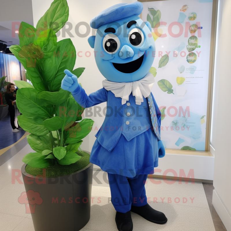 Blue Beanstalk mascot costume character dressed with a Pencil Skirt and Pocket squares Blue Beanstalk mascot costume character dressed with a Pencil Skirt and Pocket squares