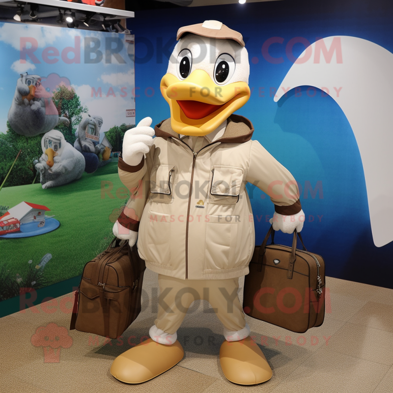 Tan Swans mascot costume character dressed with a Windbreaker and Briefcases Tan Swans mascot costume character dressed with a Windbreaker and Briefcases
