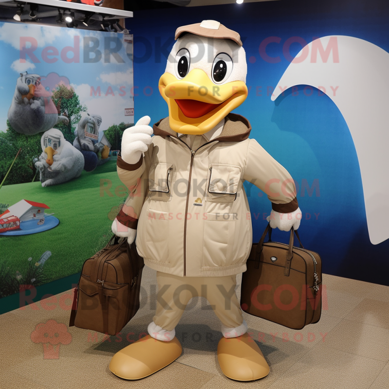 Tan Swans mascot costume character dressed with a Windbreaker and Briefcases