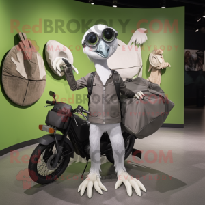 Gray Archeopteryx mascot costume character dressed with a Moto Jacket and Tote bags