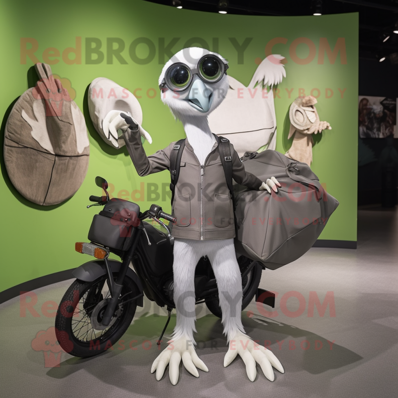 Gray Archeopteryx mascot costume character dressed with a Moto Jacket and Tote bags Gray Archeopteryx mascot costume character dressed with a Moto Jacket and Tote bags