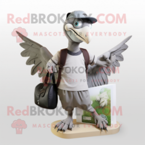 Gray Archeopteryx mascot costume character dressed with a Moto Jacket and Tote bags