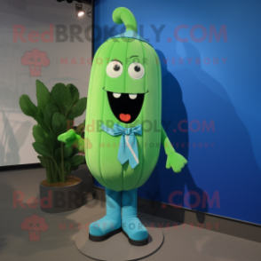 Cyan Celery mascot costume character dressed with a Bomber Jacket and Tie pins