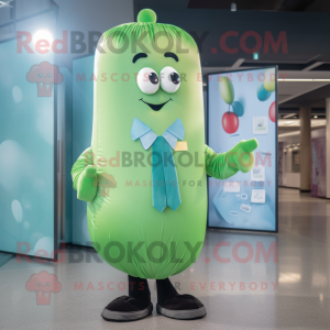 Cyan Celery mascot costume character dressed with a Bomber Jacket and Tie pins