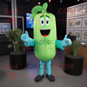 Cyan Celery mascot costume character dressed with a Bomber Jacket and Tie pins