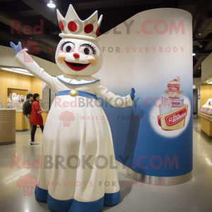 Cream Queen mascot costume character dressed with a Mom Jeans and Lapel pins