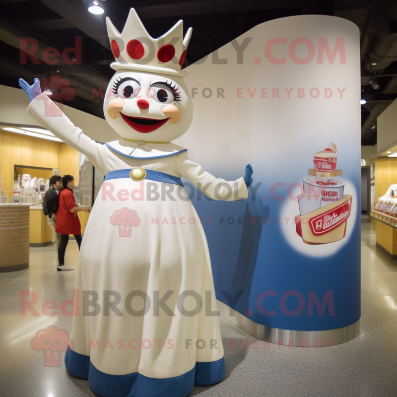 Cream Queen mascot costume character dressed with a Mom Jeans and Lapel pins Cream Queen mascot costume character dressed with a Mom Jeans and Lapel pins