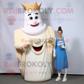 Cream Queen mascot costume character dressed with a Mom Jeans and Lapel pins