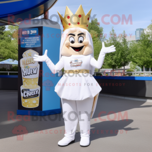 Cream Queen mascot costume character dressed with a Mom Jeans and Lapel pins