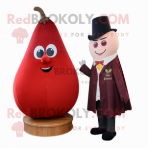 Red Pear mascot costume character dressed with a Suit and Shawls