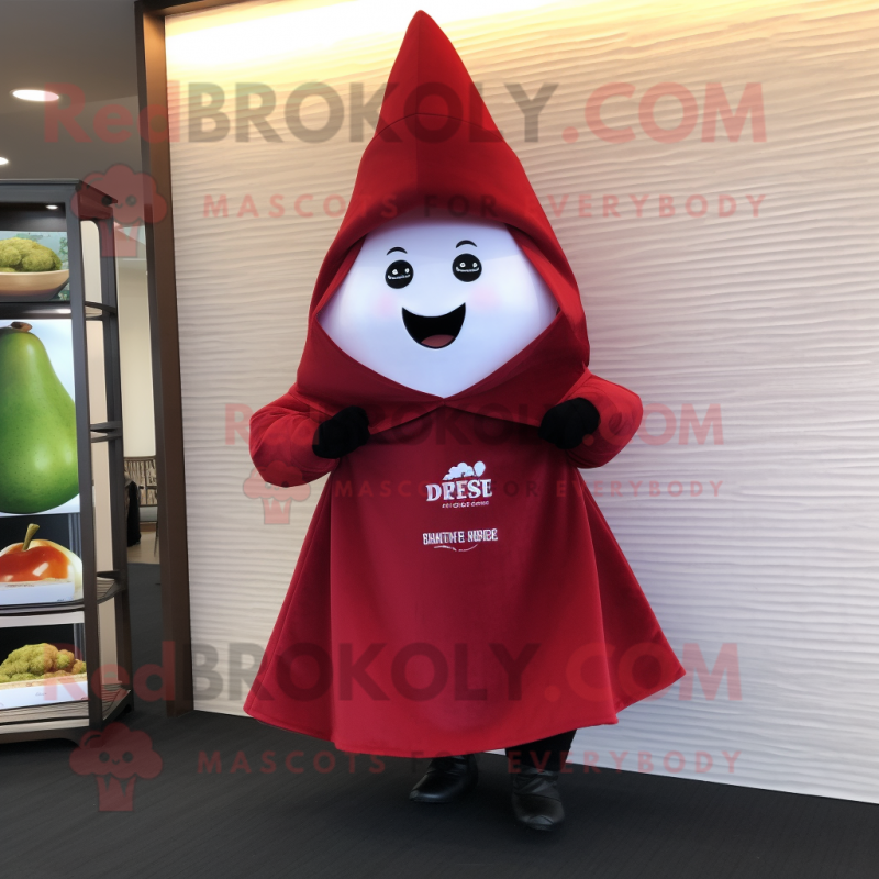 Red Pear mascot costume character dressed with a Suit and Shawls