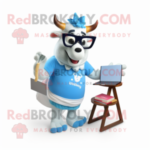 Sky Blue Beef Stroganoff mascot costume character dressed with a Henley Tee and Reading glasses